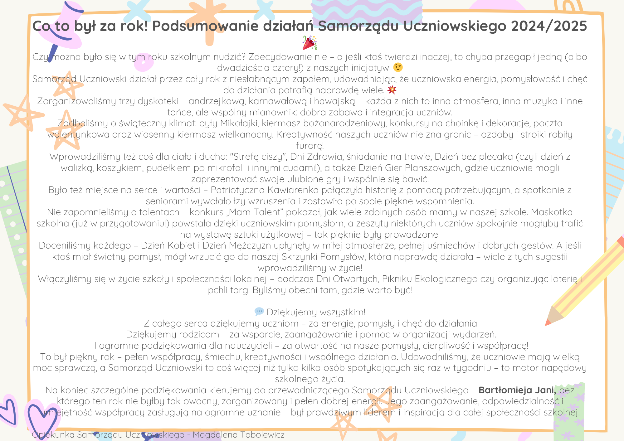 PODSUMOWANIE DZIAŁAŃ SAMORZĄDU UCZNIOWSKIEGO 2024/2025